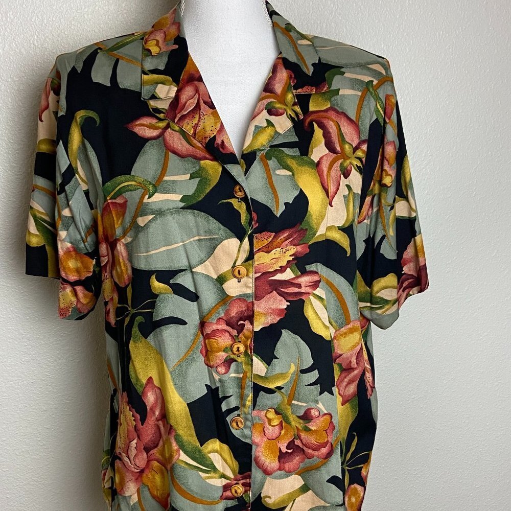 Teddi Vintage Tropical Hawaiian Button Down Shirt Rayon Blouse Sz M/L